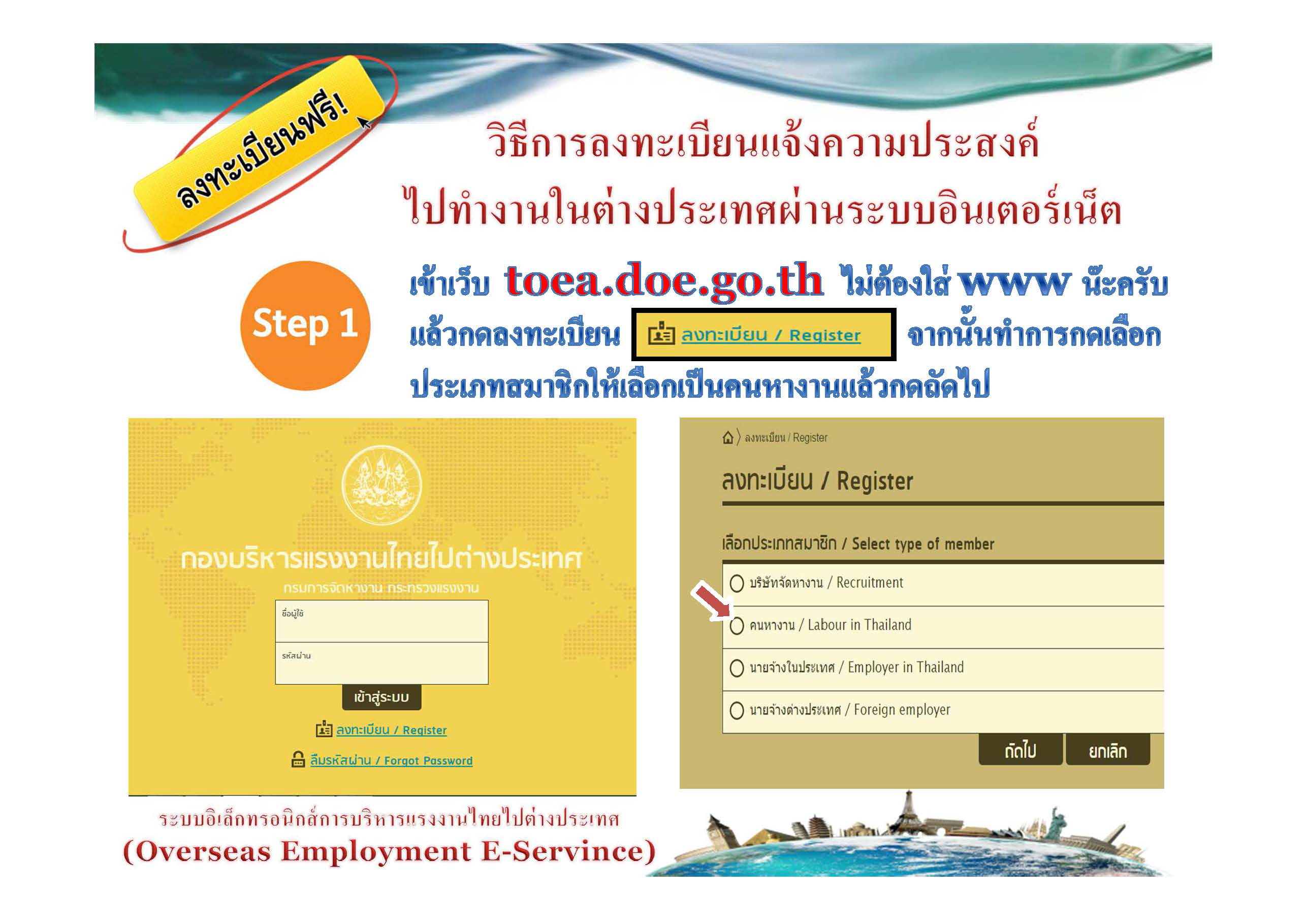 วิธีการลงทะเบียนแจ้งความประสงค์ไปทำงานต่างประเทศ