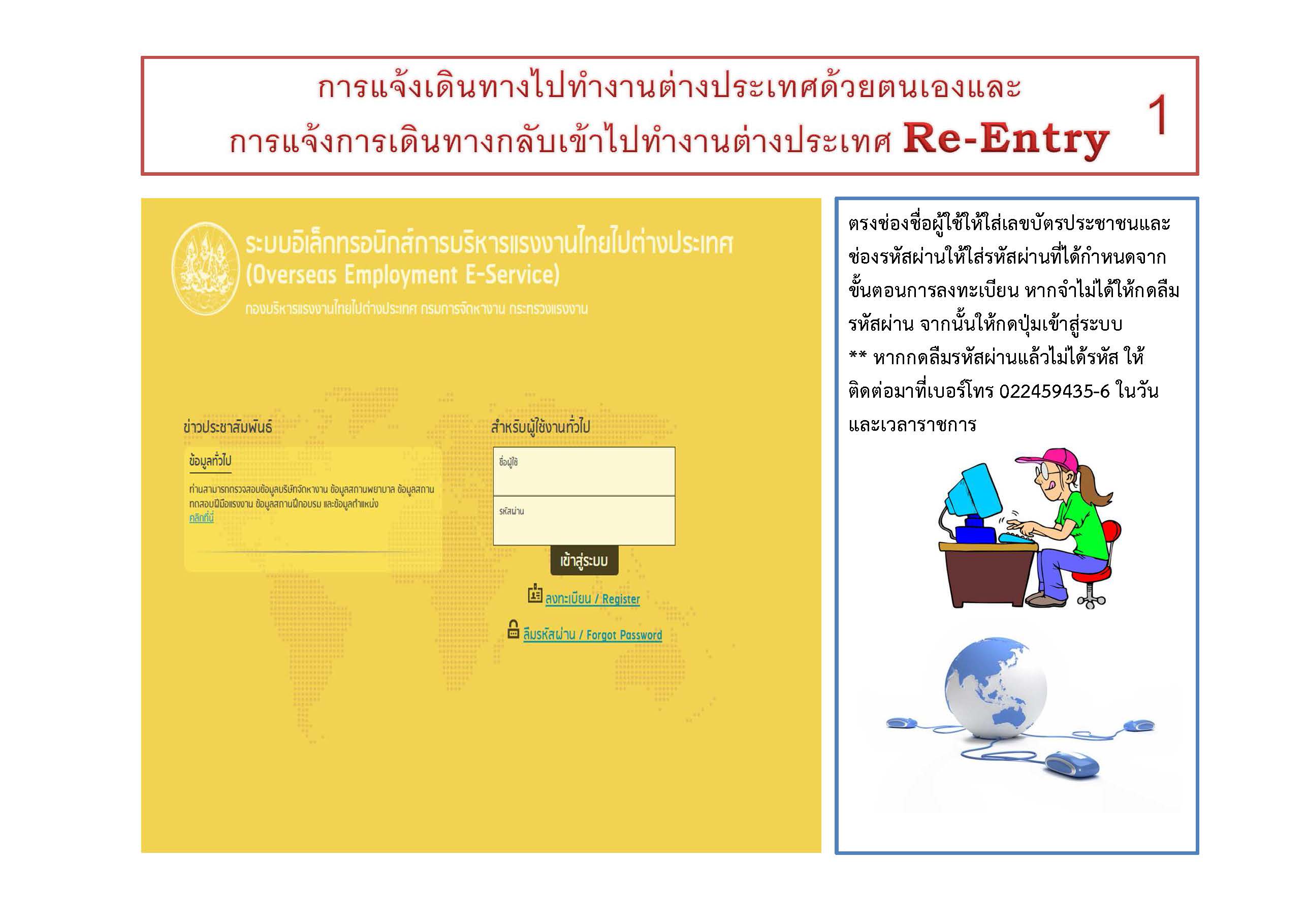 วิธีการแจ้งเดินทางไปทำงานต่างประเทศด้วยตนเอง และการแจ้งเดินทางกลับเข้าไปทำงานต่างประเทศ Re-Entry